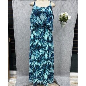 Faded Glory XL Flounce Top Maxi Dress Blue Black Tropical 16-18 Tie Dye Boho